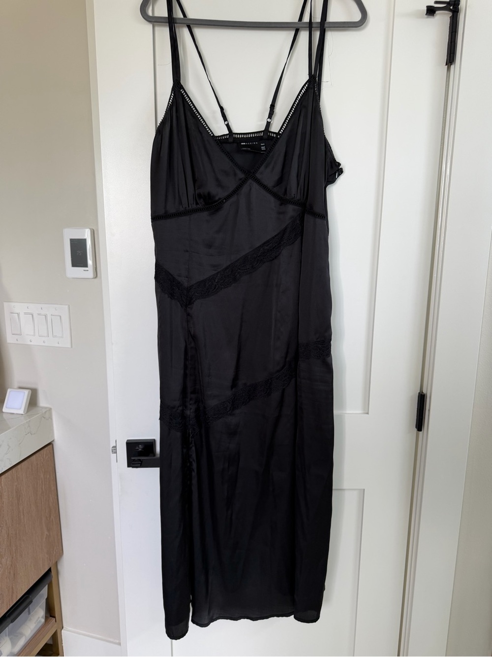 ASOS Curve Black Satin Slip Maxi Dress with Lace Trim